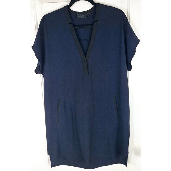 ASTR Dolman Short Sleeve V-neck Navy Black Shirt‎ Dress Size Medium - Picture 1 of 8